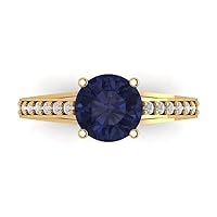 2.31 Round Cut cathedral Solitaire real Simulated Blue Sapphire Accent Anniversary Promise Engagement ring 18K Yellow Gold