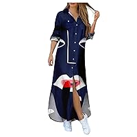 Dress Plus Size, Fashion Womens Casual Loose Sexy Long Sleeve Pocket Button Shirt Print Dress