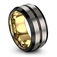 Tungsten Wedding Band Ring 8mm for Men Women Bevel Edge Grey Black 18K Yellow Gold Brushed Polished