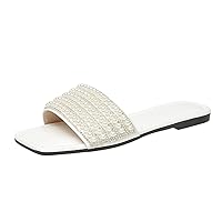 Womens Clog Slippers Size 9 Pearl Decorative Flat Bottom Comfortable Non Slip Versatile Beach Women's Bedroom Slippers