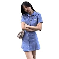 Women Short Sleeve Dress Solid Simple All-Match Single Breasted Sexy Mini A-Line Streetwear Dresses