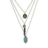 LUREME Vintage Multi Layered Chain Turquoise Stone Flower Metal Feather Pendant Necklace (nl006268)