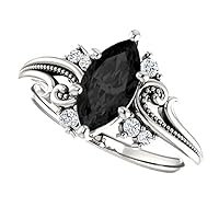 1 CT Vintage Floral Black Marquise Engagement Ring 14k White Gold, Filigree Black Onyx Ring, Twig Leaf Marquise Black Diamond Ring, Woodland Ring, Lovely Ring For Her