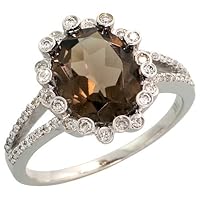 14k White Gold Stone Ring, w/ 0.25 Carat Brilliant Cut Diamonds & 2.43 Carats 10x8mm Oval Cut Smoky Quartz Stone, 1/2