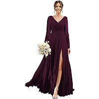 Chiffon Bridesmaid Dresses 2024 for Women with Slit V Neck Long Sleeve Flowy Formal Dresses with Pockets