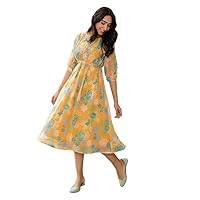 Janasya Indian Women's Mustard Dobby Georgette Floral Flared Dress