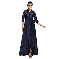 V Neck Shirt Style Half Sleeve Patchwork A-Line Floor Length Wedding Guest Dress for Women with Pockets LS017