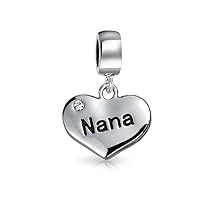 Engrave Word Nana Grandma God Mother BFF Word Heart Shape Puzzle Two Piece Split Dangle Bead Charm For Grandmother Crystal Accent Oxidized .925 Sterling Silver Fit European Bracelet