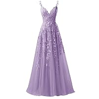 PEIYJYUSP AMZ Primes Prom Dresses Long 2024 Ball Gown Lace Appliques V Neck Bridesmaid Dress Wisteria US12
