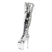 Gothic Silver Pole Dance Shoes 20cm Platform Stripper Over The Knee Boots 8Inch Crossdresser Round Toe High Heels Nightclub Punk