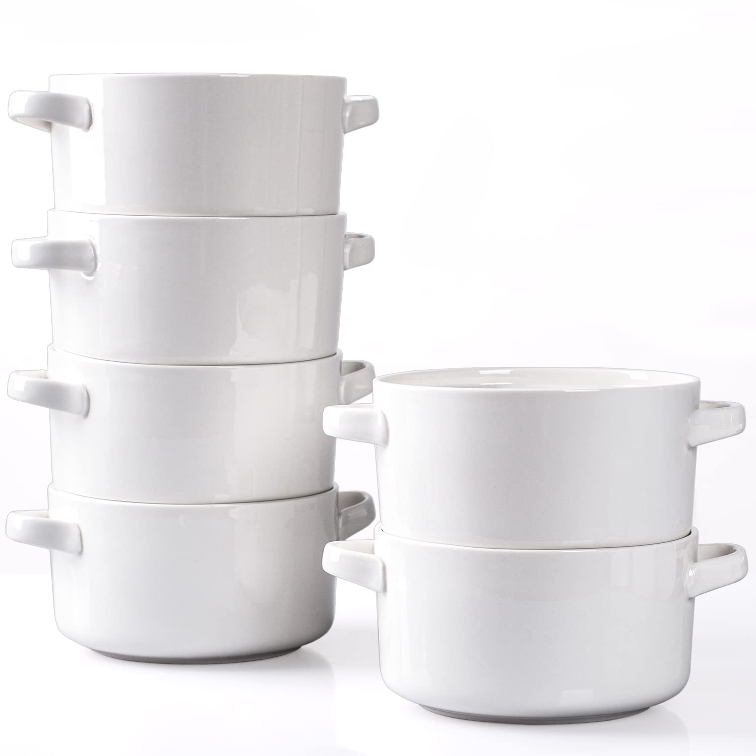 DELLING 6 Pack Soup Bowls with Handles, 24 Oz Large Serving Soup Bowl Set, Ceramic Soup Crocks for French Onion Soup, Cereal, Chilli, Stew, Microwave and Oven Safe, White