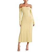 Bowanadacles Women Casual Knitted Maxi Dress Solid Color Long Sleeve Round Neck Ribbed Long Dress Elegant Party Knit Dress