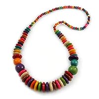 Avalaya Multicoloured Button and Round Wood Bead Necklace - 70cm Long