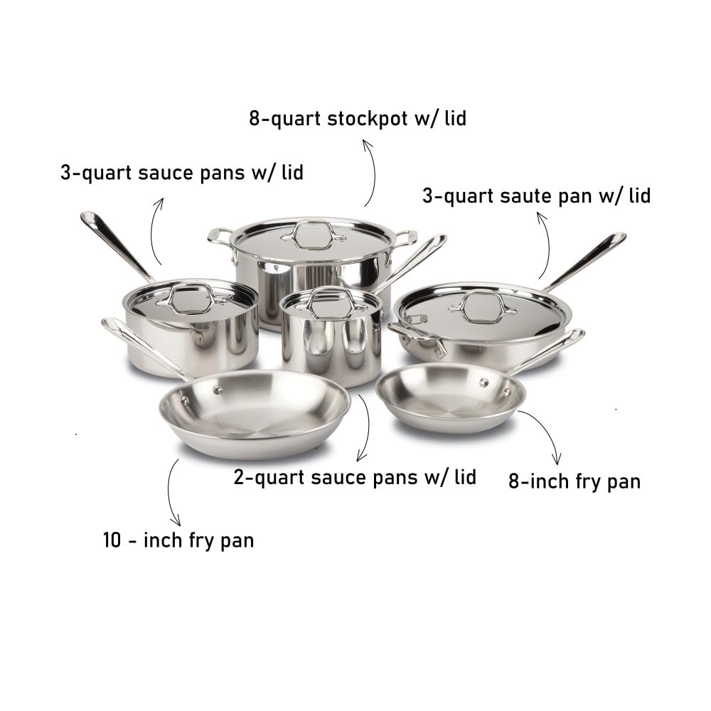 All-Clad D3 3-Ply Stainless Steel Cookware Set 10 Piece Induction Oven Broil Safe 600F Pots and Pans