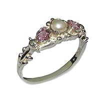 925 Sterling Silver Cultured Pearl and Pink Tourmaline Womens Band Ring