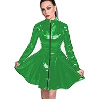23 Colors Long Sleeve PVC Pleated Mini Dress Zipper Front Sexy Wetlook Clubwear (Green,M)
