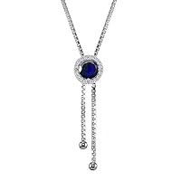 Sterling Silver Genuine or Created Gemstone & White Topaz Round Halo Drop Adjustable Lariat Necklace