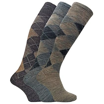 3 Pack Mens Warm Extra Long Knee High Argyle Lambs Wool Socks in Brown or Grey