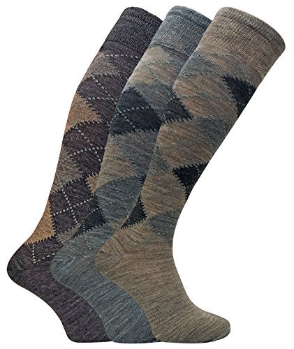 3 Pack Mens Warm Extra Long Knee High Argyle Lambs Wool Socks in Brown or Grey