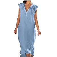 Women's 2023 Summer Casual Plain Shirt Dress Cotton Linen Cap Sleeve V Neck Loose Fit Fashion Beach Midi Dress