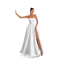 Women's Strapless Satin Prom Formal Dresses Long High Slit A Line Corset Evening Party Gown with Pockets