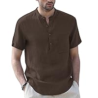 Uni Clau Casual Men’s Cotton Linen Henley Shirts Short Sleeve Summer Beach Shirts Hippie Shirts with Pockets