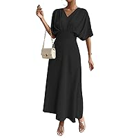 Womens Summer Dresses Solid V Neck Batwing Sleeve A-line Long Dress