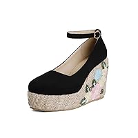 WaLDor Women Espadrille Wedge Shoes Comfort Suede Round Toe Embroidery Ankle Strap High Heel Platform Pumps