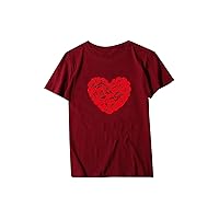 GRASWE Couple Outfit Solid Heart Print T-Shirts Valentine's Day Tees Short Sleeve Crewneck Tops