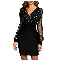 Sexy Sequin Dresses for Women V Neck Mesh Long Sleeve Bodycon Dress 2024 Trendy Party Night Out Club Midi Dresses