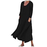 Womens Cotton Linen Dresses 3/4 Sleeve Casual Loose Beach Dresses Vacation Wear Maxi Dress