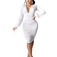 Women'S Vintage Faux Wrap Sexy V Neck Lantern Sleeve Party Ruched Bodycon Solid Color Cocktail Midi Dress Backless