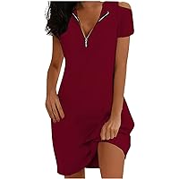 Summer Cold Shoulder Dress for Women Zipper V Neck Short Sleeve Tunic Tshirt Dress Loose Fit Casual Pleated Flowy Mini Dress