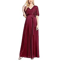 Red Floor Lenght Evening Dress Flared Short Sleeve Sequin Formal Dress V-Neck Women Bridesmaid Party Long Gowns