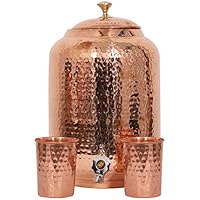 Handmade Hammered Pure Copper Water Dispenser Pot 4 Liter Water Pot Matka Ayurveda Healing Water Storage Tank with 2 Serving Glasses (8 Liter)