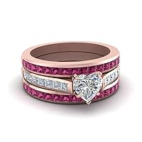 Choose Your Gemstone Colored Band with Channel Diamond CZ Ring Rose Gold Plated Heart Shape Wedding Ring Sets Everyday Jewelry Wedding Jewelry Handmade Gifts for Wife US Size 4 to 12
