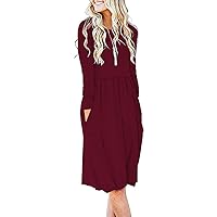 AUSELILY Women's Long Sleeve Pockets Empire Waist Pleated Loose Swing Casual Flare Dress