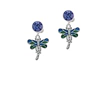 Silvertone Dragonfly with Green & Blue Wings - Blue Crystal Clip on Earrings