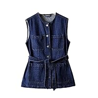 HAN HONG Jackets For Women Retro Autumn Large Pocket Denim Female Clothing Waist Casual Outer Wear Sleeveless Vests Woman