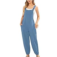 YZHM Womens Casual Fall Jumpsuits Long Pants Suspender Rompers with Pockets Sleeveless Linen Overalls Solid Loose Jumpers