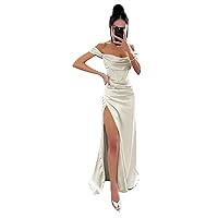 Off Shoulder Satin Elegant Bridesmaid Dresses Long Ruched Mermaid Prom Dress with Slit Formal Dresses