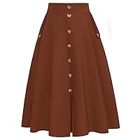 Belle Poque Womens A Line Midi Skirt Vintage Swing Skirt High Waisted Pleated Skirt with Buttons