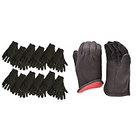 Midwest Gloves & Gear Adult Jersey Gloves, Brown, Large Pack of 12 US and G & F 4414L-DZ Brown Jersey Winter Work Gloves with Red Fleece Lining, Large, 12-Pair