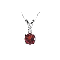 January Birthstone - Diamond & Garnet Solitaire Pendant AAA Round Shape in 14K White Gold Available from 5mm - 10mm