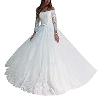 Women's A-line Off Shoulder Wedding Dresses for Bride with Train Long Sash Lace Bridal Ball Gown