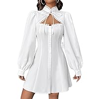 Womens Fall Fashion 2022 Guipure Lace Detail Cut Out Tie Neck Lantern Sleeve Dress (Color : White, Size : Medium)