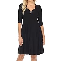 3/4 Sleeve Slimming Missy Plus Size Midi A-Line Cocktail Dress with Rhinestones | Made in USA | Empire Waist