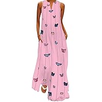 Cute Butterfly Print Maxi Dress Women Sleeveless V Neck Tank Dress Summer Plus Size Long Beach Sundress with Pocket