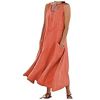 Women's Casual Solid Color Sleeveless Round Neck Cotton Linen Maxi Dress with Pockets,Womens Summer Dresses