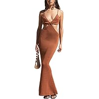Antopmen Women Spaghetti Straps Knitted Maxi Dresses Elegant Sexy Party Cut Out Backless Bodycon Slim Dress